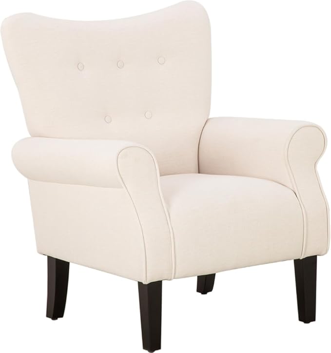 YOLENY Modern Accent Chair,High Back Armchair,Upholstered Fabric Button Single Sofa with Wooden Legs for Living Room,Bedroom,Club,Beige