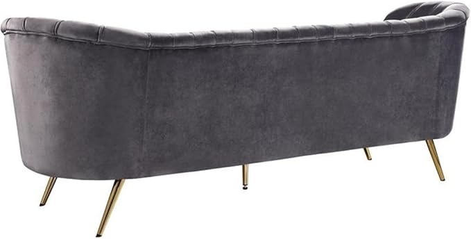 Meridian Furniture Margo Collection Modern | Contemporary Velvet Upholstered Sofa with Deep Channel Tufting and Rich Gold Stainless Steel Legs, Grey, 88" W x 30" D x 33" H