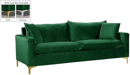 Meridian Furniture Naomi Collection Modern | Contemporary Green Velvet Upholstered Sofa with Stainless Steel Base in a Rich Gold or Chrome Finish, 81.5" W x 33.5" D x 30" H (633Green-S)
