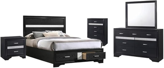 Maklaine 5-Piece Queen Platform Storage Bedroom Set, Solid Asian Hardwood, Black Finish, Bed with Footboard Storage, Nightstand, Dresser, Mirror, Chest, Contemporary Glam Style, Hidden Jewelry Drawers