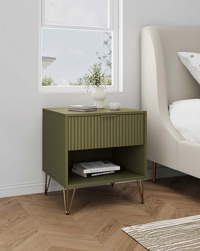 Manhattan Comfort Dumbo Fluted Nightstand with Drawer and Open Shelf, Gold Hairpin Legs and Metal Handle, Snap Tool-Free Assembly, Modern Bedside Accent Table for Bedroom or Living Room in Olive Green - Image 2