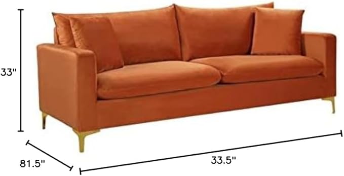 Meridian Furniture 633Cognac-S Naomi Collection Modern | Contemporary Velvet Upholstered Sofa with Deep Channel Tufting and Rich Gold Stainless Steel Legs, Cognac, 81.5" W x 33.5" D x 30" H