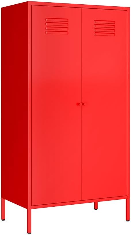 2 Door Metal Storage Cabinet,Classified Storage Metal Tall Storage Cabinet with Hanging Rod and 2 Freely Adjustable Shelves, Metal Locker for Living Room Laundry Room,Home (red)