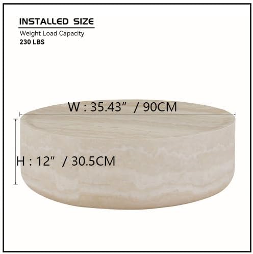 35.43" Round Coffee Table in Faux Marble, Stone Coffee Table, Modern Fiberglass Drum Table, Center Table for Living Room, No Assembly.