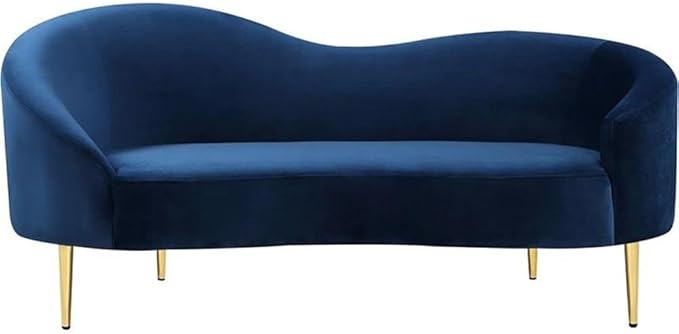 Meridian Furniture Ritz Collection Modern | Contemporary Velvet Upholstered Loveseat with Sturdy Metal Legs in Rich Gold Finish, Navy, 67" W x 31.75" D x 30.5" H
