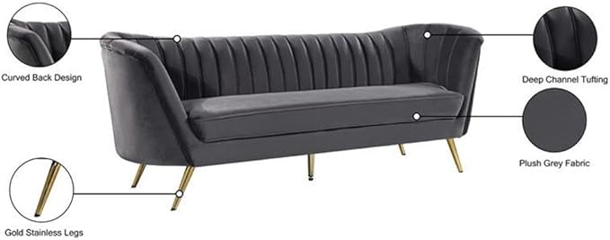 Meridian Furniture Margo Collection Modern | Contemporary Velvet Upholstered Sofa with Deep Channel Tufting and Rich Gold Stainless Steel Legs, Grey, 88" W x 30" D x 33" H
