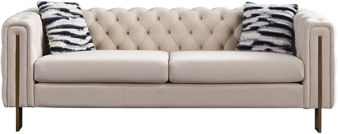 KEIKI 84" Chesterfield Velvet Tufted Button Sofa with Removable Cushions and 2 Toss Pillows, Modern 3-Seater Couch with 4 Gold Metal Leg, Easy Assembly, for Living Room, Bedroom, Apartment, Cream