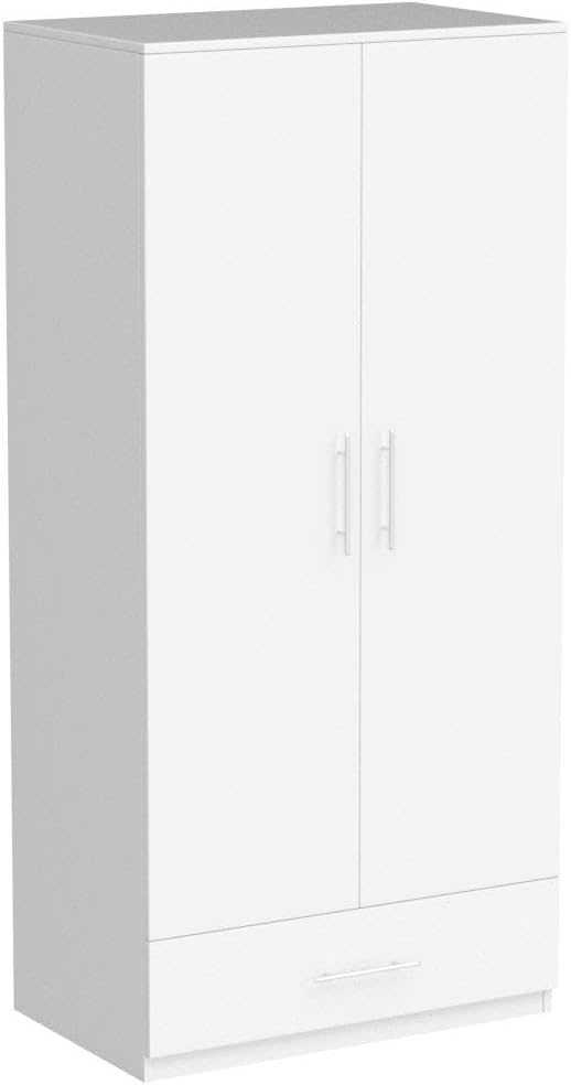 AIEGLE 2 Doors Wardrobe Armoire with Drawer, Freestanding Armoire Wardrobe Closet with Hanging Rod, Bedroom Wood Clothes Storage Cabinet Organizer in White (31.5" W x 18.9" D x 66.9" H)