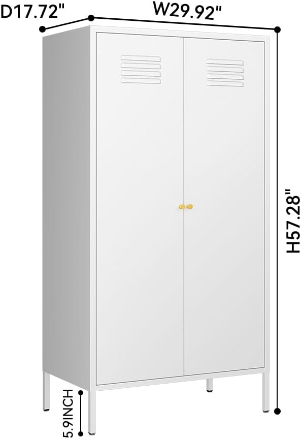 2 Door Metal Storage Cabinet,Classified Storage Metal Tall Storage Cabinet with Hanging Rod and 2 Freely Adjustable Shelves, Metal Locker for Living Room, Laundry Room,Home (White)