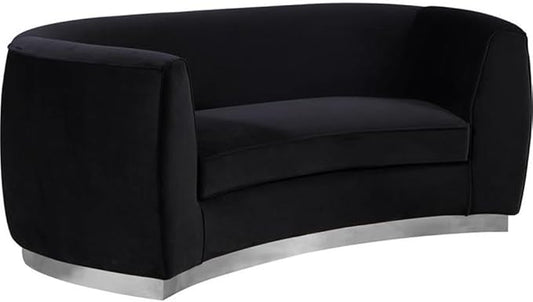Meridian Furniture Julian Collection Modern | Contemporary Velvet Upholstered Loveseat with Stainless Steel Base in Polished Chrome Finish, Black, 70" W x 34" D x 28" H