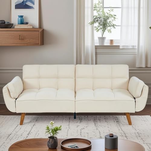 Convertible Futon Sofa Bed, Modern Futon Couch with 2 Pillows, Small Futons Couch with Adjustable Armrest & Backrest, Loveseat Sofa Bed for Living Room, Bedroom, Beige