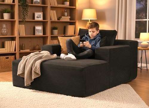 Monroe Convertible Chaise Lounge Chair Indoor – Oversized Corduroy Couch with Wide Armrest & Throw Pillows, Cozy Boneless Sleeper Sofa Bed Armchair, Black