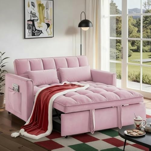 Convertible Sofa Bed, Pull Out Couch with Side Pockets, 3 in 1 Velvet Fabric Loveseat Sleeper Sofa Bed, Pull Out Couch with Adjustable Backrest for Living Room, Bedroom, Apartment, Pink