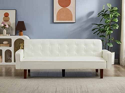Modern PU Leather 3-Seat Couch, Adjustable Backrest Convertable Sofa, Sleek Minimalist Fold Out Couch Loveseat with Armrests, Sofa for Living Room Home Office Spaces, White