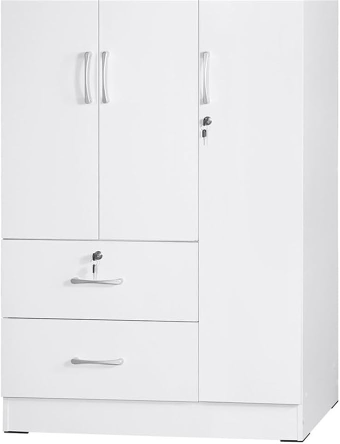 Pemberly Row Modern 2 Drawer Wooden Wardrobe Armoire Closet, White Finish, 72” H x 36” W x 20” D, Engineered Wood, Garment Rod, 3 Shelves, Silver Handles, Bedroom Storage Furniture