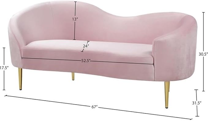 Meridian Furniture Ritz Collection Modern | Contemporary Velvet Upholstered Loveseat with Sturdy Metal Legs in Rich Gold Finish, Pink, 67" W x 31.75" D x 30.5" H