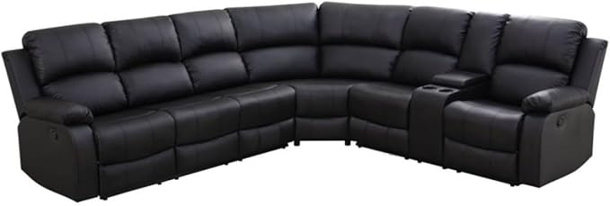 Reclining Sectional Sofa Set, L Shaped PU Leather Recliner Couch with Cup Holder and Storage Console for Home Theater & Living Room, Black