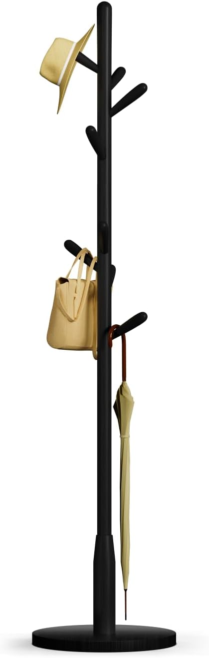 Solid Wood Round Base Coat Rack, Free Standing Hall Coat Tree with 8 Hooks（+2 spare for Coats, Hats, Bags, Purses, for Entryway, Hallway, Rubberwood Hooks,Base and Pole(Round Base,Black) by Unknown