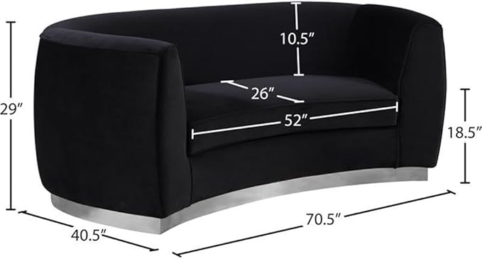 Meridian Furniture Julian Collection Modern | Contemporary Velvet Upholstered Loveseat with Stainless Steel Base in Polished Chrome Finish, Black, 70" W x 34" D x 28" H