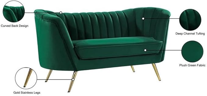 Meridian Furniture Margo Collection Modern | Contemporary Velvet Upholstered Loveseat with Deep Channel Tufting and Rich Gold Stainless Steel Legs, Green, 65" W x 30" D x 33" H