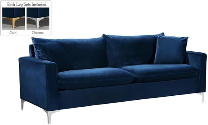 Meridian Furniture Naomi Collection Modern | Contemporary Navy Velvet Upholstered Sofa with Stainless Steel Base in a Rich Gold or Chrome Finish,