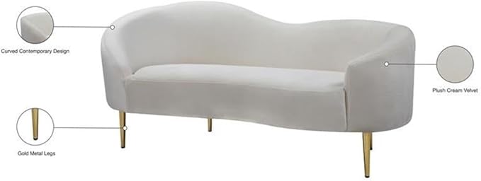 Meridian Furniture Ritz Collection Modern | Contemporary Velvet Upholstered Loveseat with Sturdy Metal Legs in Rich Gold Finish, Cream, 67" W x 31.75" D x 30.5" H