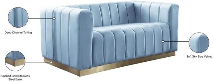 Meridian Furniture 603SkyBlu-L Marlon Collection Modern | Contemporary Velvet Upholstered Loveseat with Deep Channlel Tufting and Brushed Gold Finish, Sky Blue, 62.5" W x 34" D x 28" H