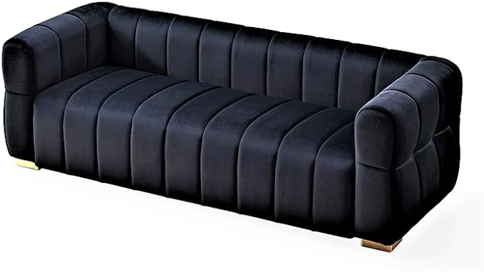 Art Deco Velvet Sofa with Tufted Low Back Design, Sophisticated 3 Seater Couch for Living Rooms, 89 Inch Wide, Easy Assembly, Black