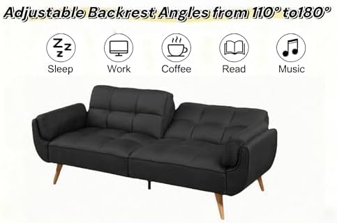 Convertible Futon Sofa Bed, Modern Futon Couch with 2 Pillows, Small Futons Couch with Adjustable Armrest & Backrest, Loveseat Sofa Bed for Living Room, Bedroom, Black