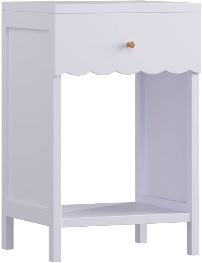 26“ Modern White Nightstand with Drawer and Open Shelf, Scalloped Edge Bedside Table for Bedroom, Cute Minimalist Side Table for Girls' Room (Light Purple) - Image 9