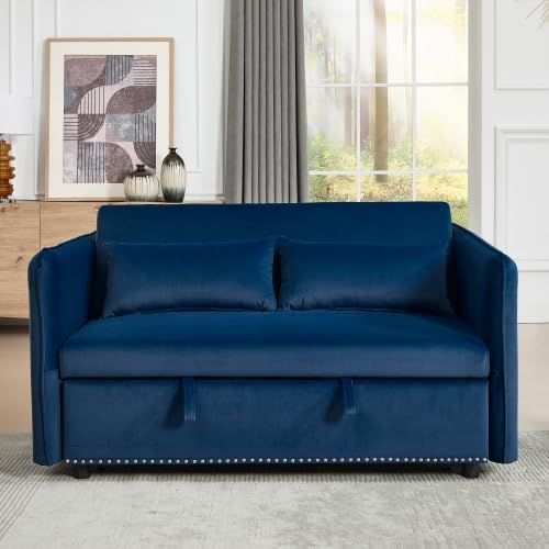 3 in 1 Sofa Bed, Convertible Pull Out Couch with Side Pockets, Velvet Fabric Loveseat Sleeper Sofa Bed, Pull Out Couch with Adjustable Backrest for Living Room, Bedroom, Apartment, Blue