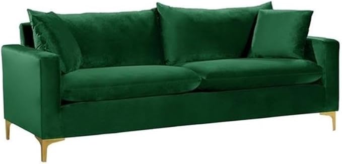 Meridian Furniture Naomi Collection Modern | Contemporary Green Velvet Upholstered Sofa with Stainless Steel Base in a Rich Gold or Chrome Finish, 81.5" W x 33.5" D x 30" H (633Green-S)