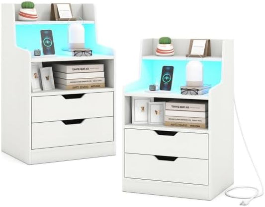 KOMFOTT Set of 2 Nightstands with Charging Station & LED Lights, Smart Night Stand with Hutch & Remote, Modern Side End Table with 2 Storage Drawers for Bedroom Dorm (White,2) by KOMFOTT