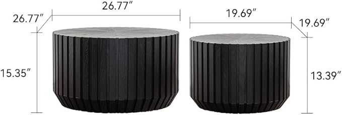kevinplus 46.46'' Black Round Nesting Coffee Table Set of 2, Modern Circle Fluted Drum Coffee Table for Living Room, No Assembly, Black
