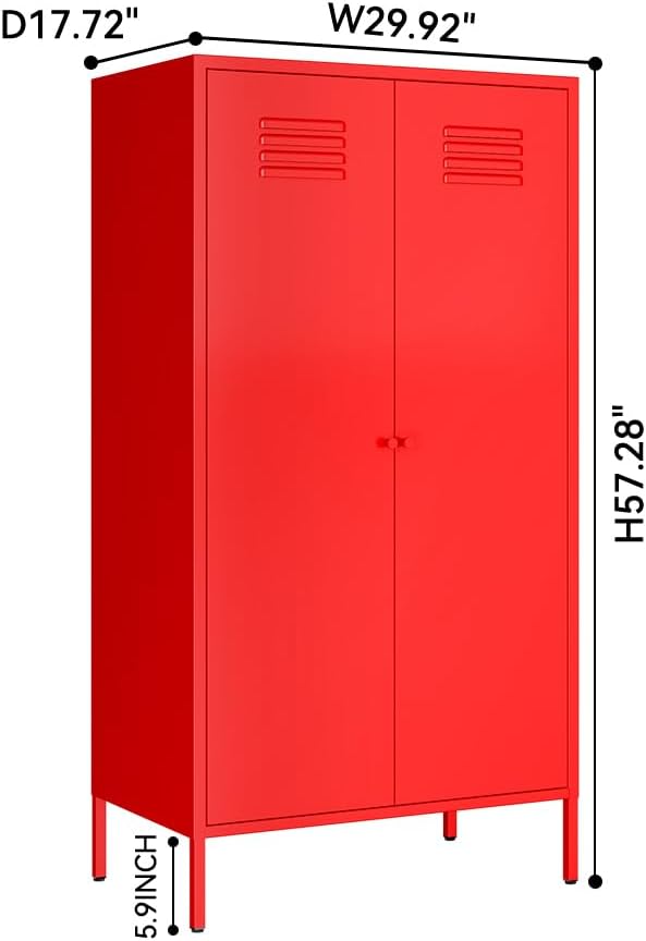 2 Door Metal Storage Cabinet,Classified Storage Metal Tall Storage Cabinet with Hanging Rod and 2 Freely Adjustable Shelves, Metal Locker for Living Room Laundry Room,Home (red)