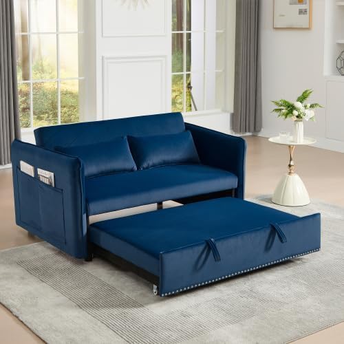 3 in 1 Sofa Bed, Convertible Pull Out Couch with Side Pockets, Velvet Fabric Loveseat Sleeper Sofa Bed, Pull Out Couch with Adjustable Backrest for Living Room, Bedroom, Apartment, Blue