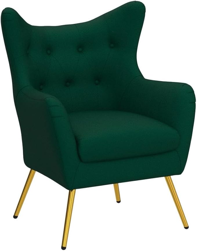 HULALA HOME Velvet Accent Chair Set of 2, Modern Wingback Arm Chair with Metal Gold Legs, Velvet Tufted Upholstered(Green)