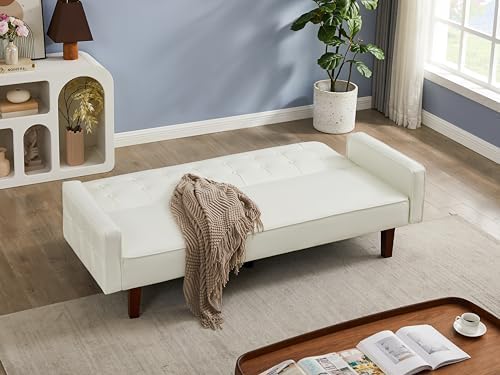 Modern PU Leather 3-Seat Couch, Adjustable Backrest Convertable Sofa, Sleek Minimalist Fold Out Couch Loveseat with Armrests, Sofa for Living Room Home Office Spaces, White