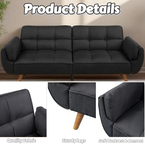 Convertible Futon Sofa Bed, Modern Futon Couch with 2 Pillows, Small Futons Couch with Adjustable Armrest & Backrest, Loveseat Sofa Bed for Living Room, Bedroom, Black