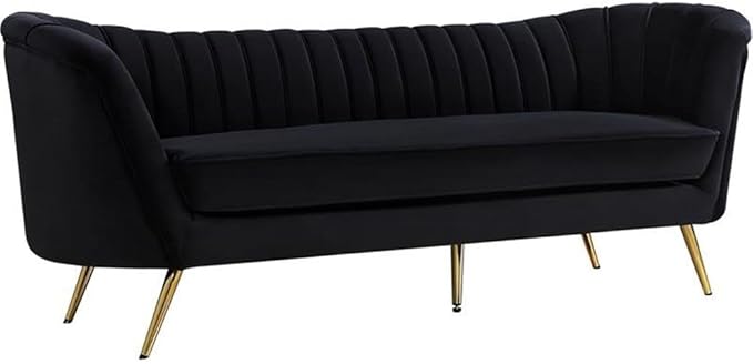 Meridian Furniture Margo Collection Modern | Contemporary Velvet Upholstered Sofa with Deep Channel Tufting and Rich Gold Stainless Steel Legs, Black, 88" W x 30" D x 33" H