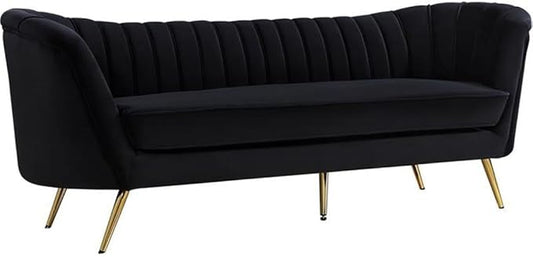 Meridian Furniture Margo Collection Modern | Contemporary Velvet Upholstered Sofa with Deep Channel Tufting and Rich Gold Stainless Steel Legs, Black, 88" W x 30" D x 33" H