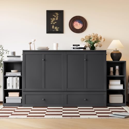 Bellemave Queen Murphy Bed, Cabinet Bed with 2 Shelves and Storage Drawers, Farmhouse Murphy Cabinet, Noisy Free, for Guest Bedroom, Living Room, Office, Vintage Dark Gray