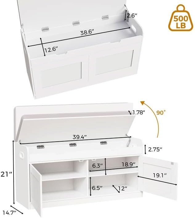 2-Tier Storage Bench, 39.4" Wide Shoe Bench with Lift-Up Top, Shoe Storage Bench with Cushion, Shoe Cabinet with Handleless Doors and Adjustable Shelf for Entryway, Bedroom, White KHD02W - Image 2