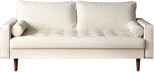 Womble Mid Century Modern Couch with Bolster Pillows, PU Leather Upholstered Tufted Seat, Versatile Retro Design for Comfortable Living Spaces, Sofa, White