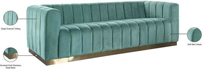 Meridian Furniture 603Mint-S Marlon Collection Modern | Contemporary Velvet Upholstered Sofa with Deep Channel Tufting, Stainless Steel Base in a Brushed Gold Finish, Mint, 86.5" W x 34" D x 28" H