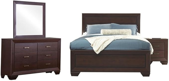 BOWERY HILL 4-Piece Wood California King Panel Bedroom Set, Dark Cocoa Finish, Includes Bed, Nightstand, Dresser, Mirror, Transitional Style, Spacious Drawers, Durable Construction, Ideal for Bedroom