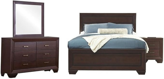 BOWERY HILL 4-Piece Wood California King Panel Bedroom Set, Dark Cocoa Finish, Includes Bed, Nightstand, Dresser, Mirror, Transitional Style, Spacious Drawers, Durable Construction, Ideal for Bedroom