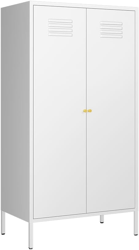 2 Door Metal Storage Cabinet,Classified Storage Metal Tall Storage Cabinet with Hanging Rod and 2 Freely Adjustable Shelves, Metal Locker for Living Room, Laundry Room,Home (White)