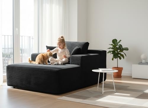 Monroe Convertible Chaise Lounge Chair Indoor – Oversized Corduroy Couch with Wide Armrest & Throw Pillows, Cozy Boneless Sleeper Sofa Bed Armchair, Black