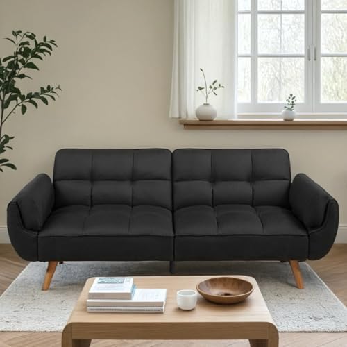 Convertible Futon Sofa Bed, Modern Futon Couch with 2 Pillows, Small Futons Couch with Adjustable Armrest & Backrest, Loveseat Sofa Bed for Living Room, Bedroom, Black